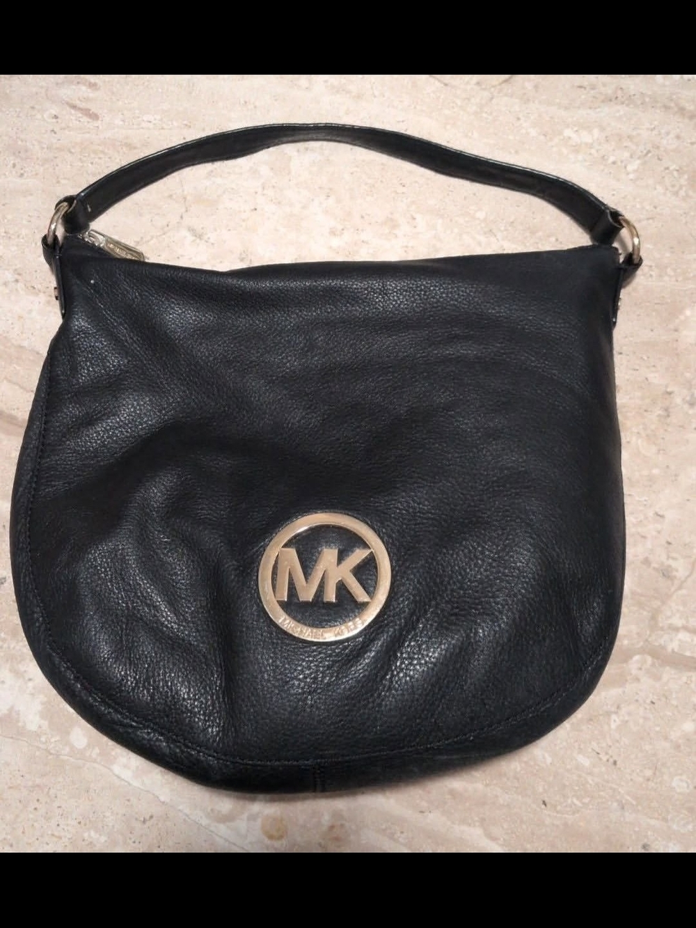 Michael Kors Black Leather Shoulder Bag with Gold MK Logo